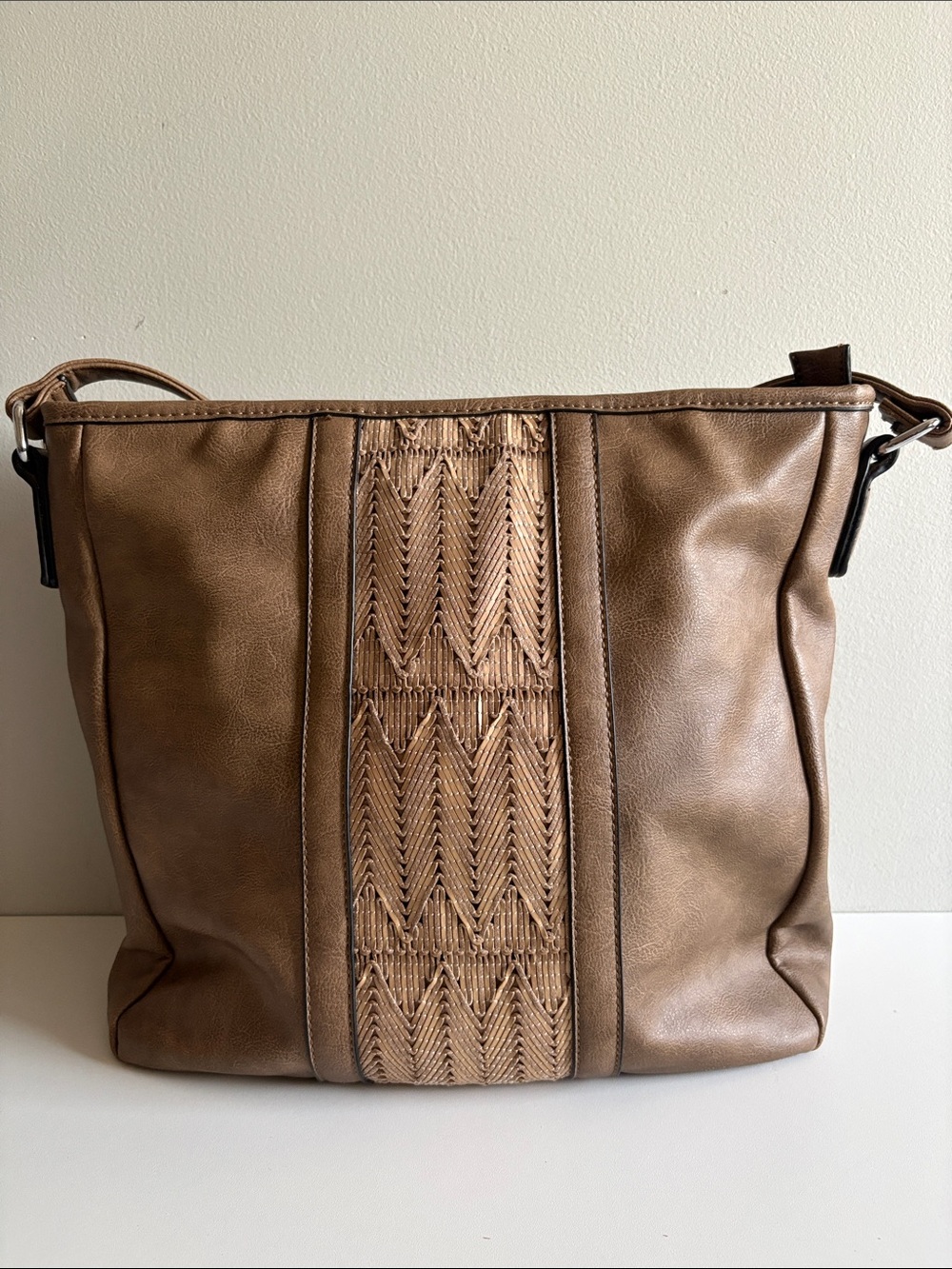 Coco + Carmen Brown Boho Woven Chevron Shoulder Crossbody Bag
